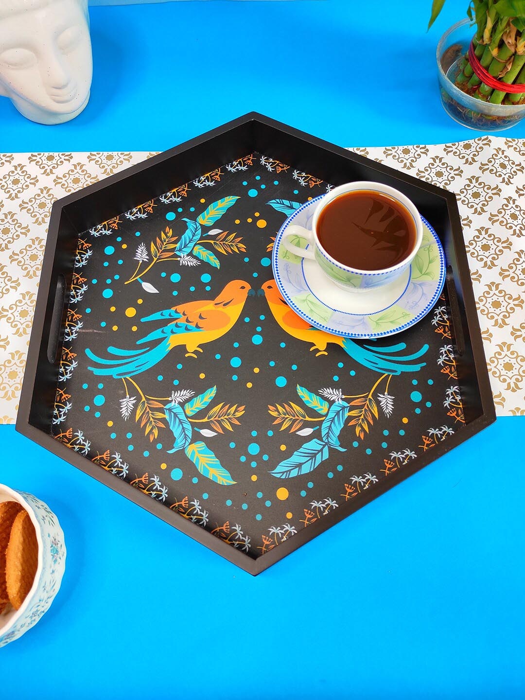 

Crayton Blue Printed Large Hexagon Tray, Brown