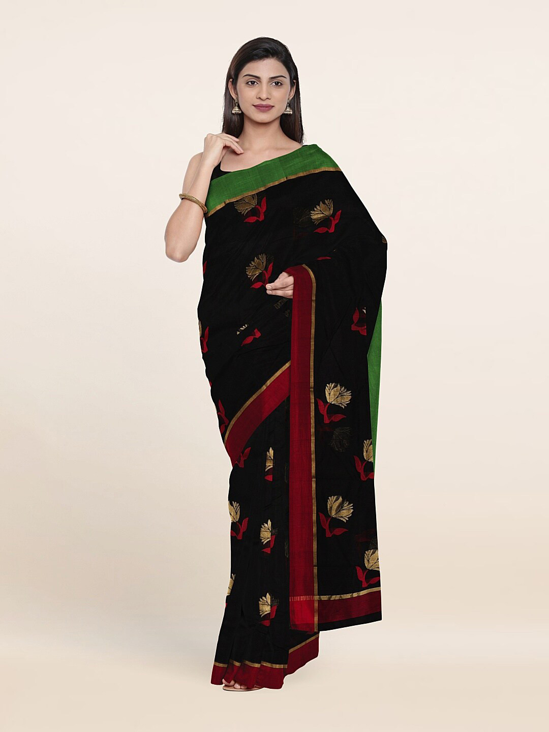 

Pothys Black & Gold-Toned Floral Zari Silk Cotton Saree