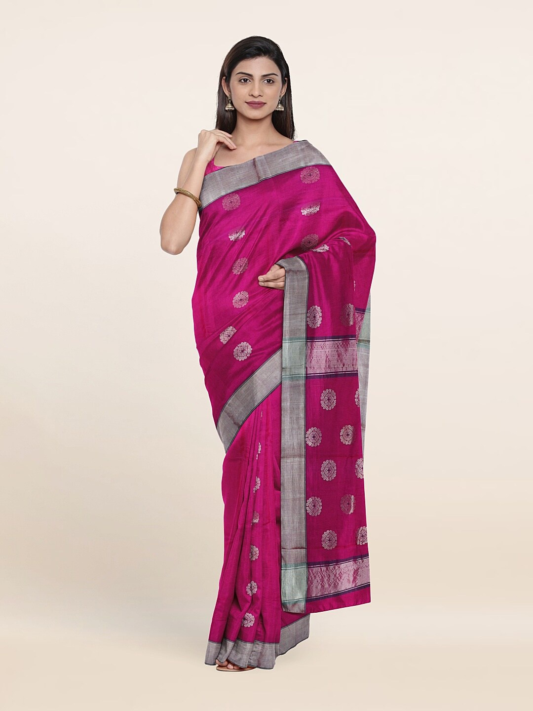 

Pothys Pink & Silver-Toned Ethnic Motifs Zari Silk Cotton Saree