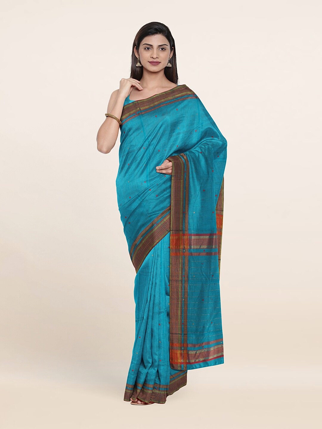 

Pothys Blue & Gold-Toned Woven Design Zari Silk Cotton Saree