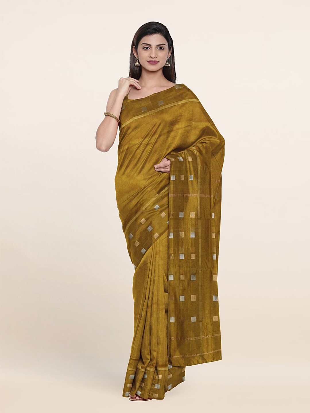 

Pothys Mustard & Gold-Toned Zari Silk Cotton Saree