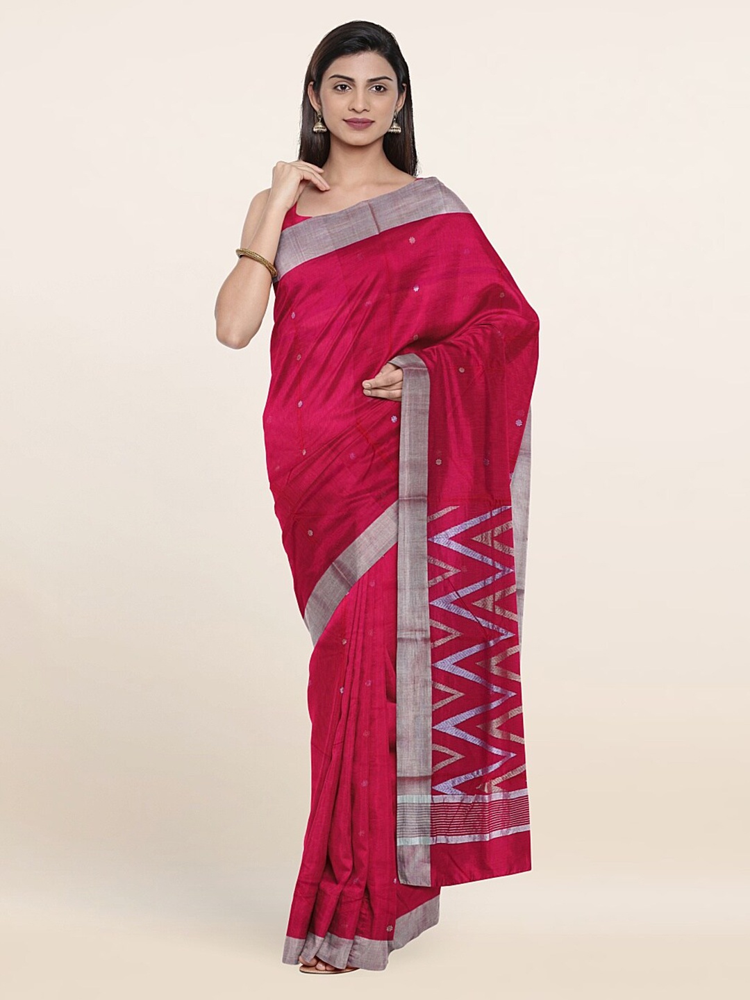 

Pothys Pink & Silver-Toned Zari Silk Cotton Saree