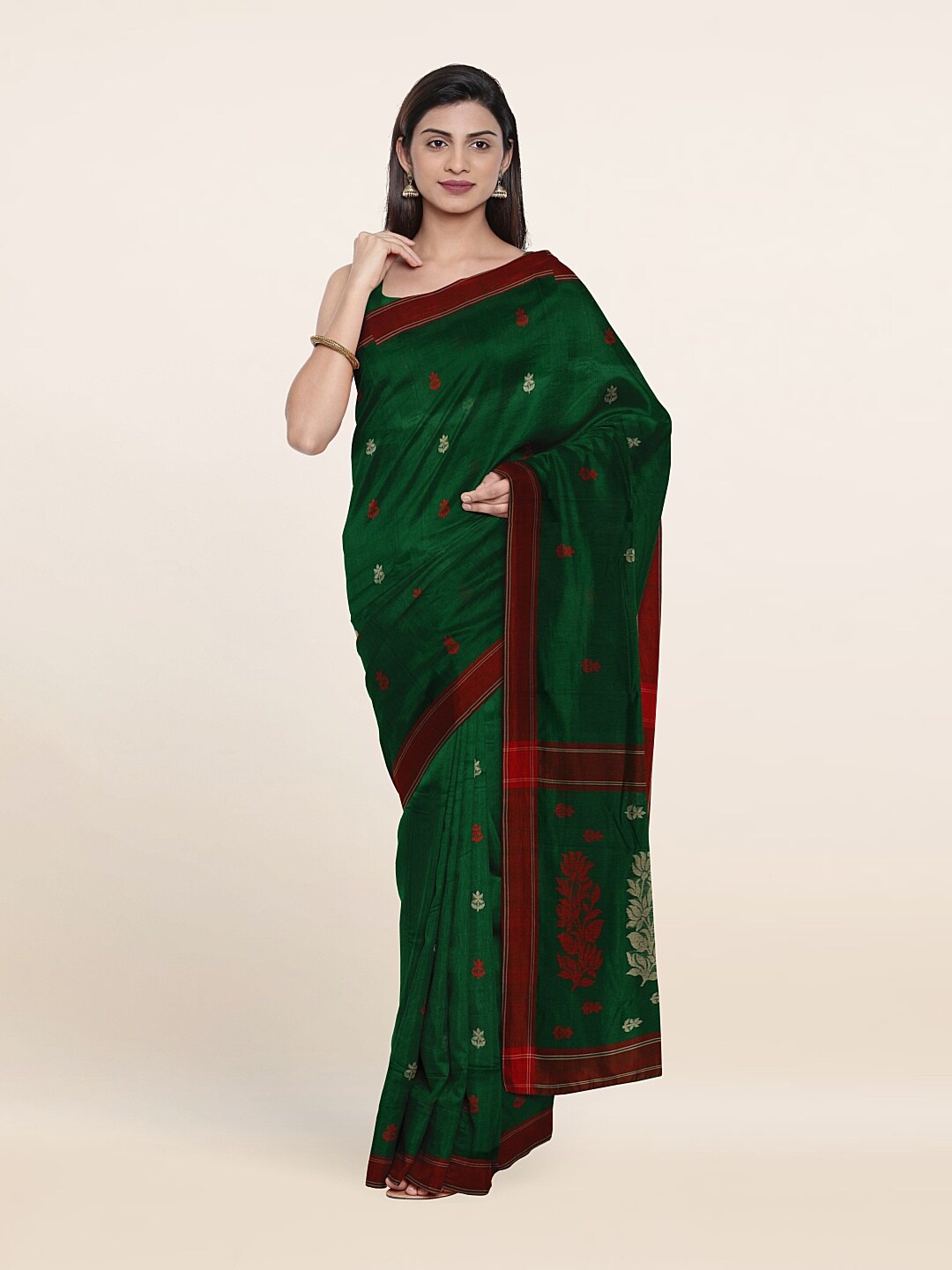 

Pothys Green & Red Floral Zari Silk Cotton Saree