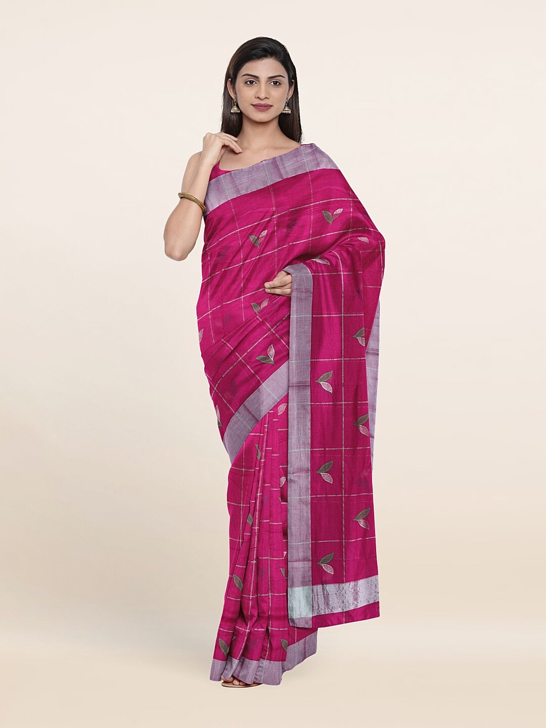 

Pothys Purple & Silver-Toned Woven Design Zari Silk Cotton Saree