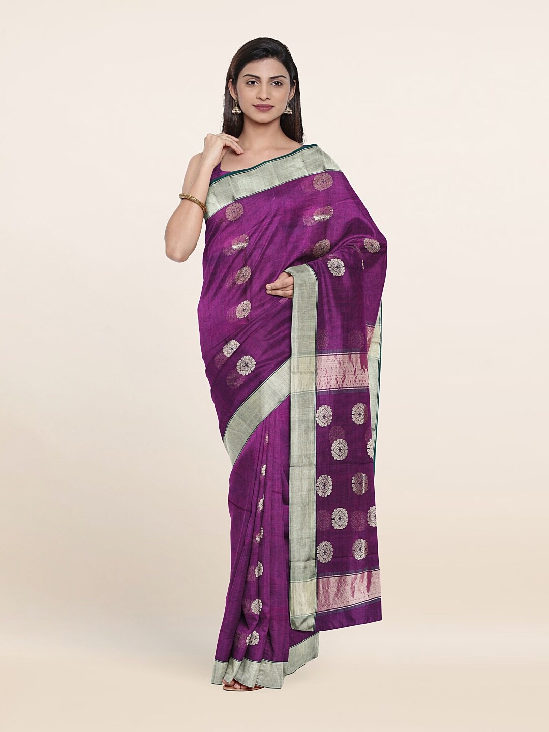 

Pothys Purple & Gold-Toned Woven Design Zari Silk Cotton Saree