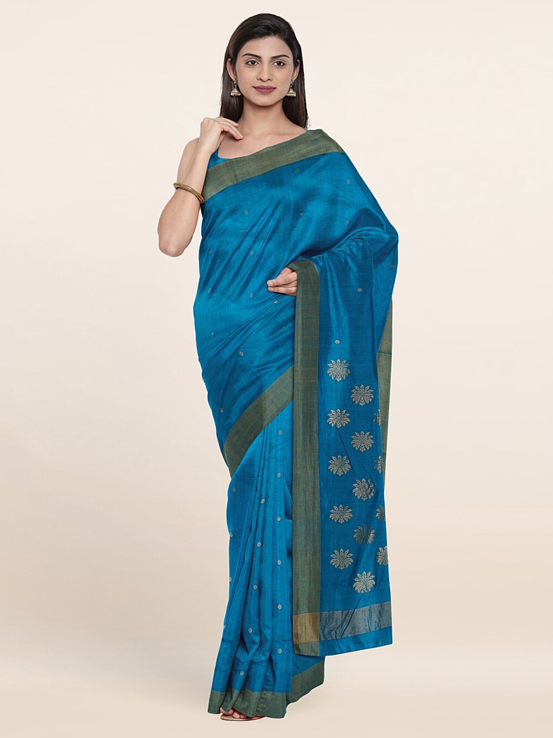 

Pothys Blue & Green Floral Zari Silk Cotton Saree