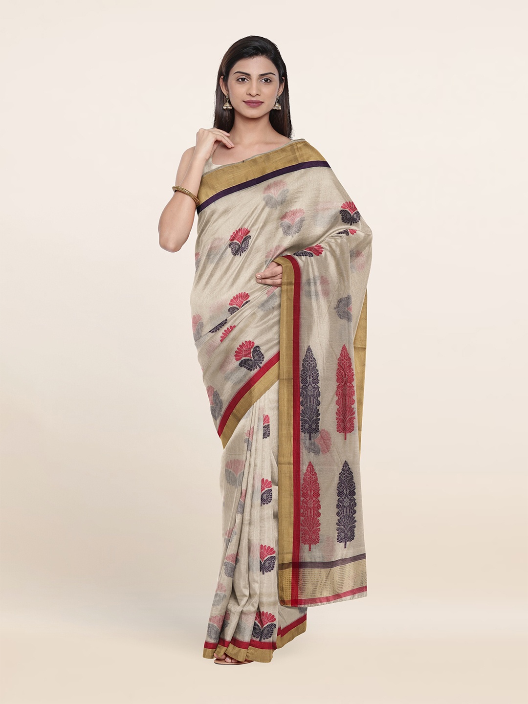 

Pothys Cream-Coloured & Gold-Toned Ethnic Motifs Zari Silk Cotton Saree