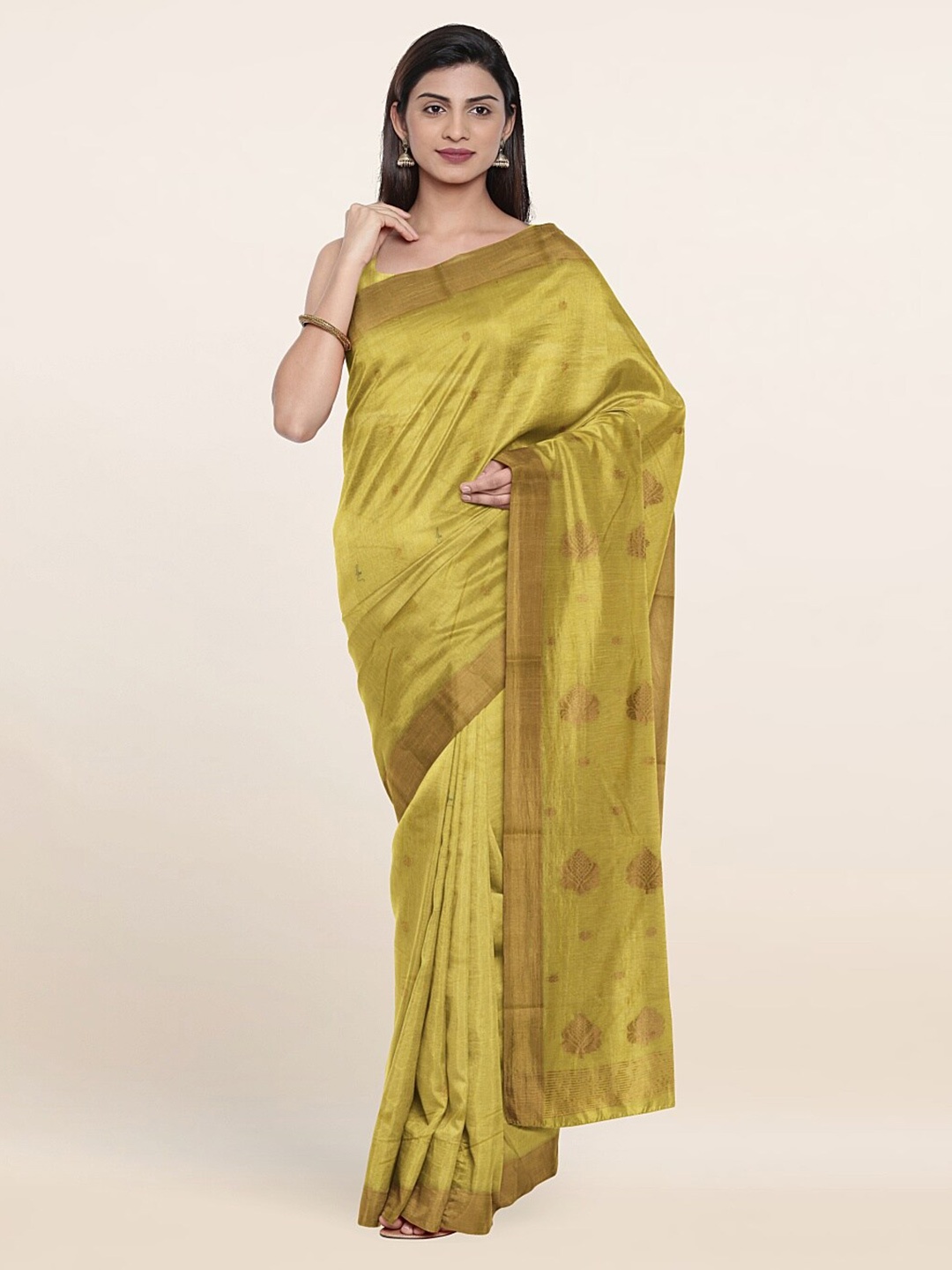 

Pothys Yellow & Gold-Toned Ethnic Motifs Zari Silk Cotton Saree