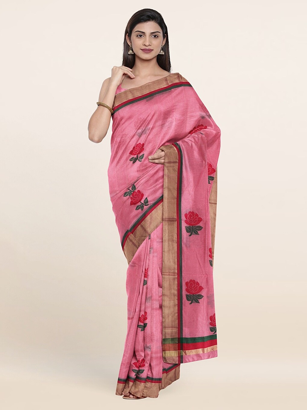 

Pothys Pink & Green Floral Zari Silk Cotton Saree