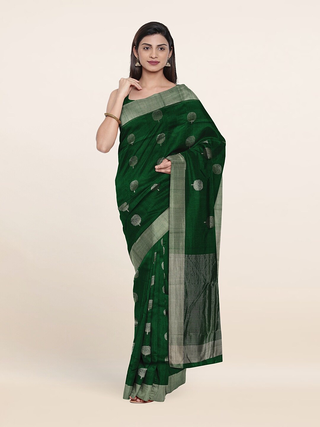 

Pothys Green & Silver-Toned Woven Design Zari Silk Cotton Saree