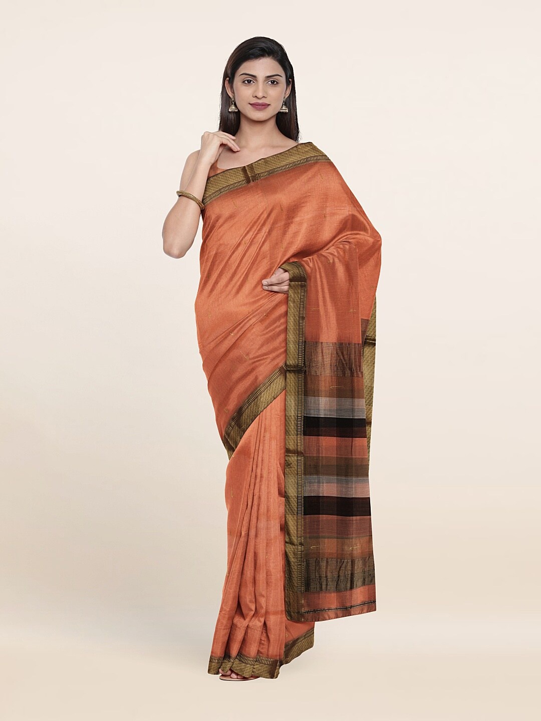 

Pothys Peach-Coloured & Gold-Toned Zari Silk Cotton Saree