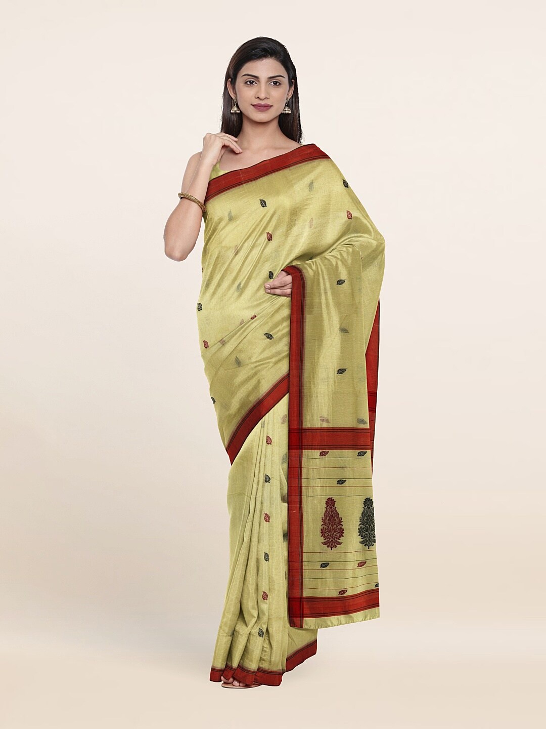 

Pothys Cream-Coloured & Gold-Toned Ethnic Motifs Zari Silk Cotton Saree