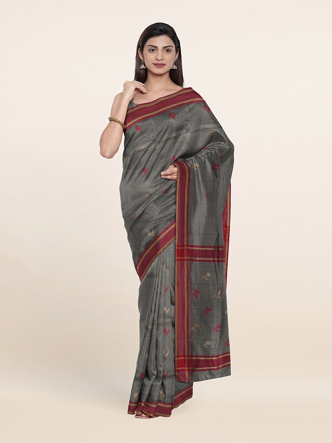 

Pothys Grey & Gold-Toned Floral Zari Silk Cotton Saree