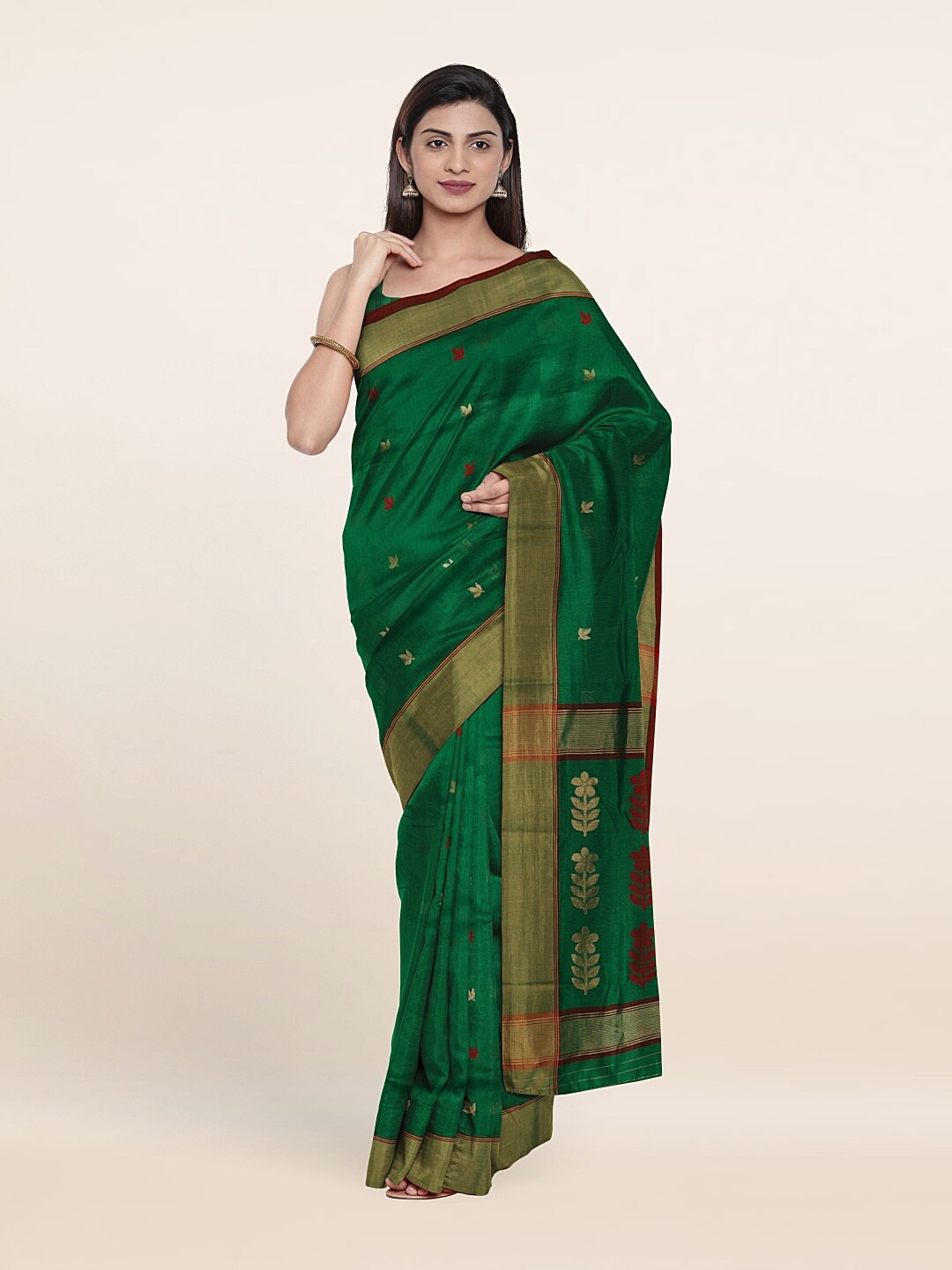 

Pothys Green & Red Floral Zari Silk Cotton Saree