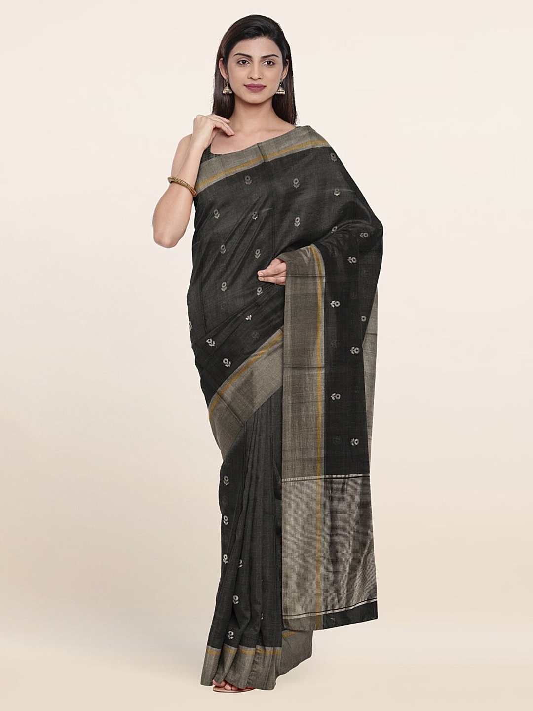 

Pothys Grey Floral Zari Silk Cotton Saree
