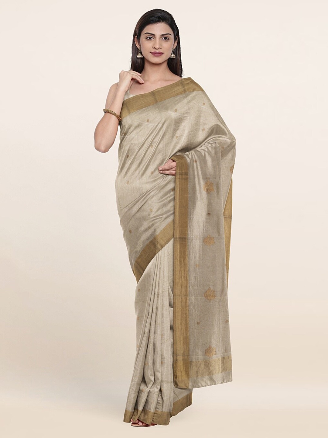 

Pothys Cream-Coloured & Gold-Toned Ethnic Motifs Zari Silk Cotton Saree