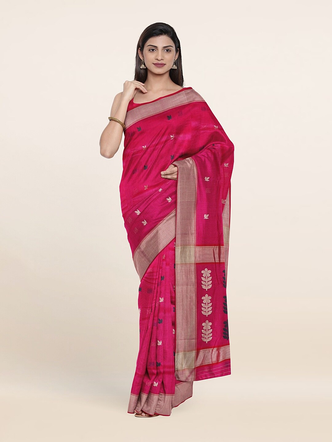 

Pothys Pink & Silver-Toned Floral Zari Silk Cotton Saree