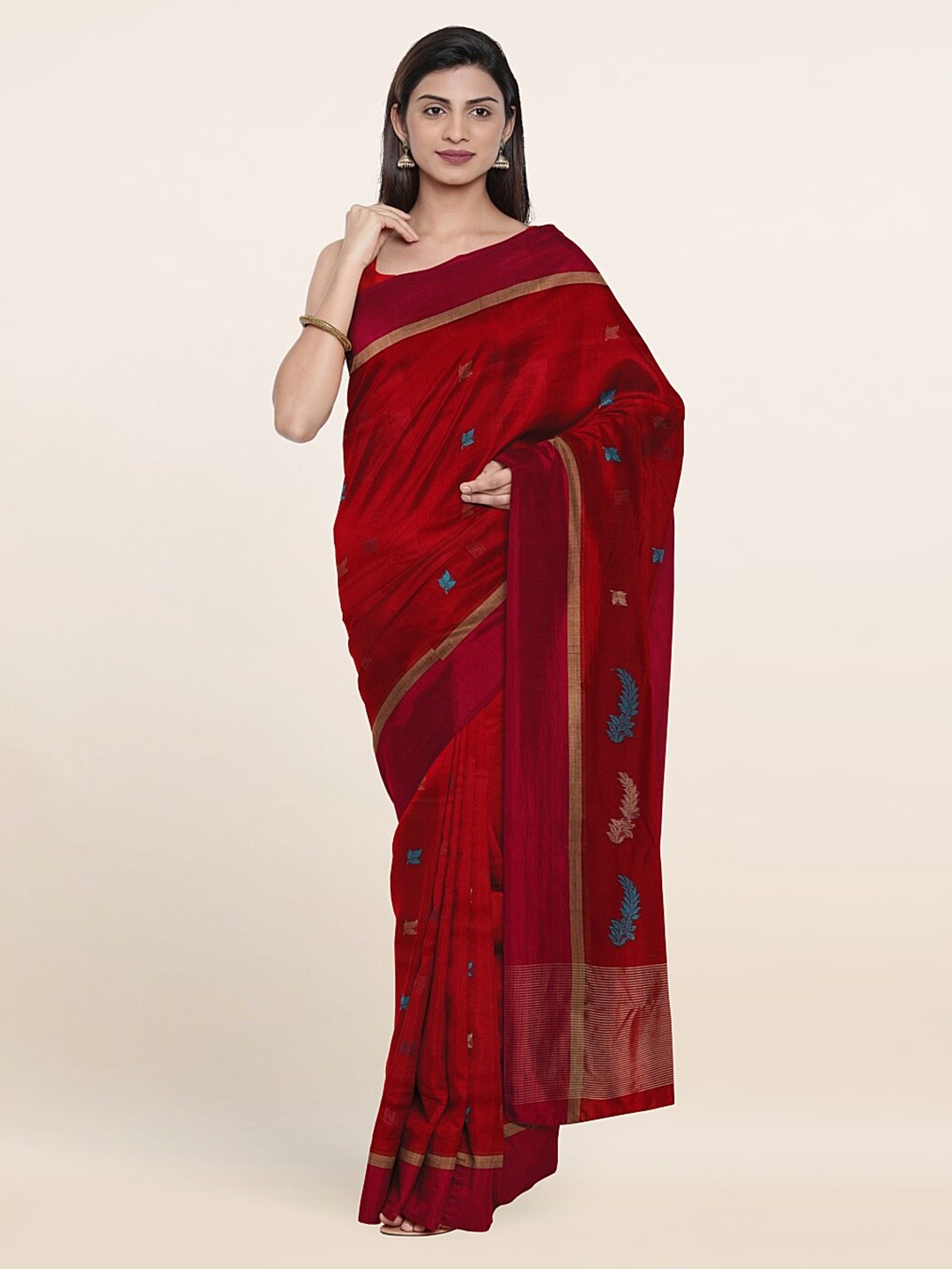 

Pothys Red & Blue Ethnic Motifs Zari Silk Cotton Saree