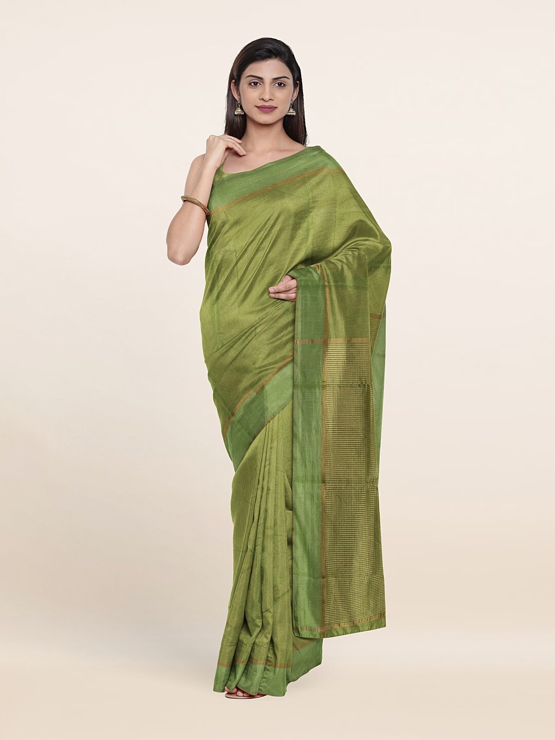 

Pothys Green & Gold-Toned Zari Silk Cotton Saree