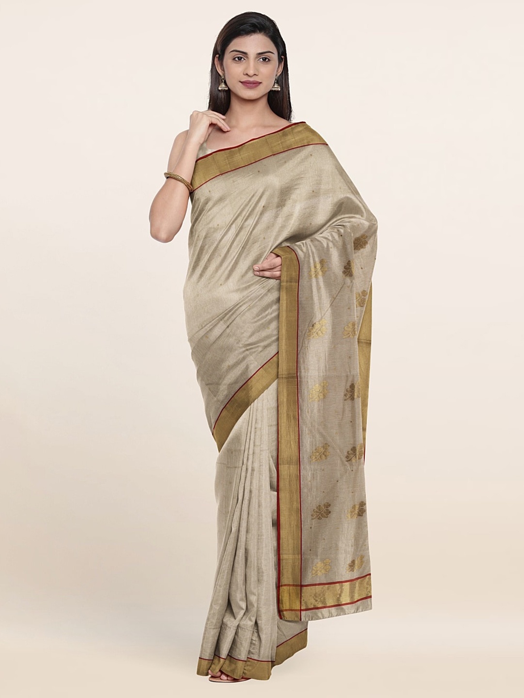 

Pothys Cream-Coloured & Gold-Toned Woven Design Zari Silk Cotton Saree