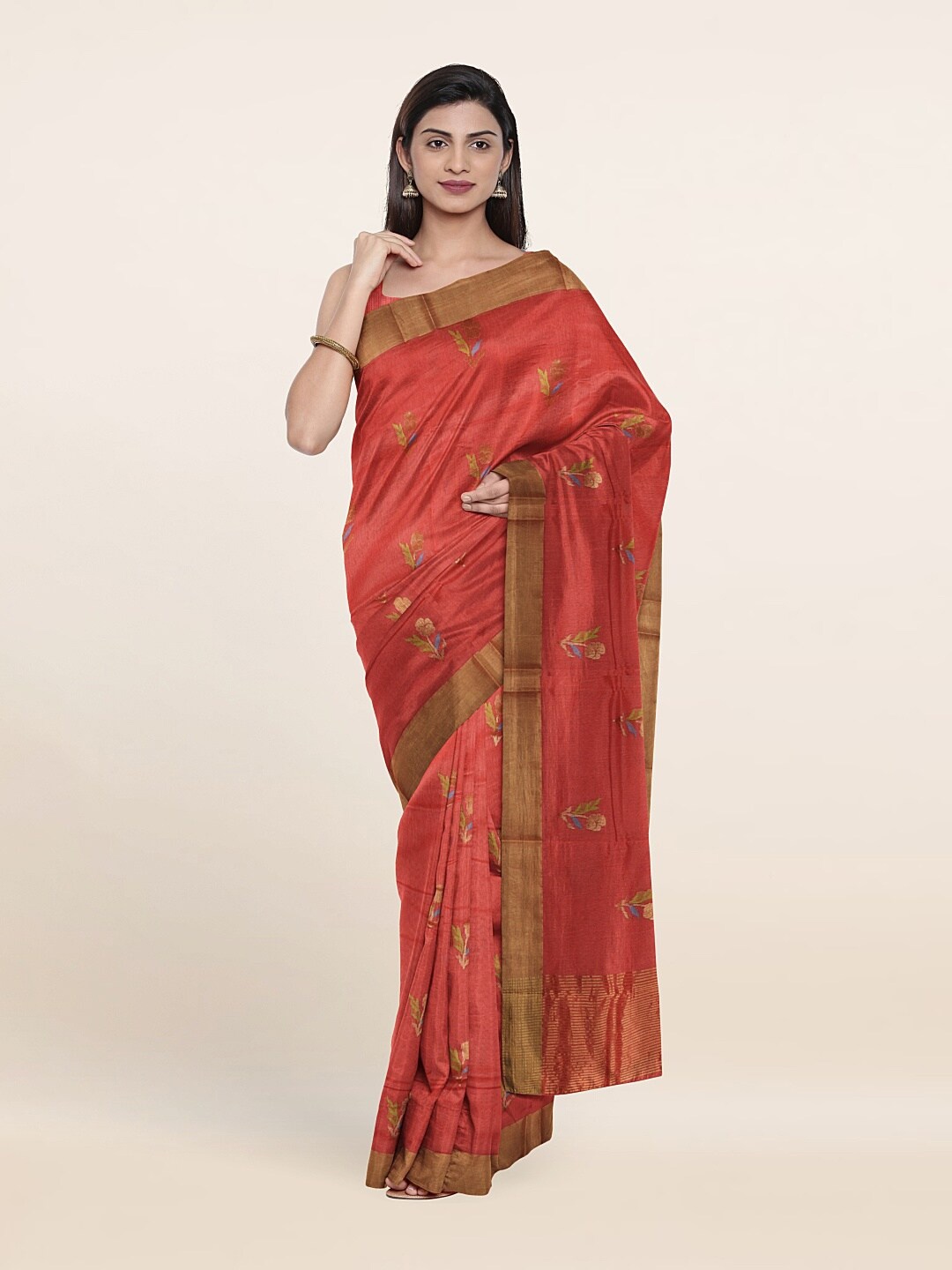 

Pothys Peach-Coloured & Gold-Toned Floral Zari Silk Cotton Saree