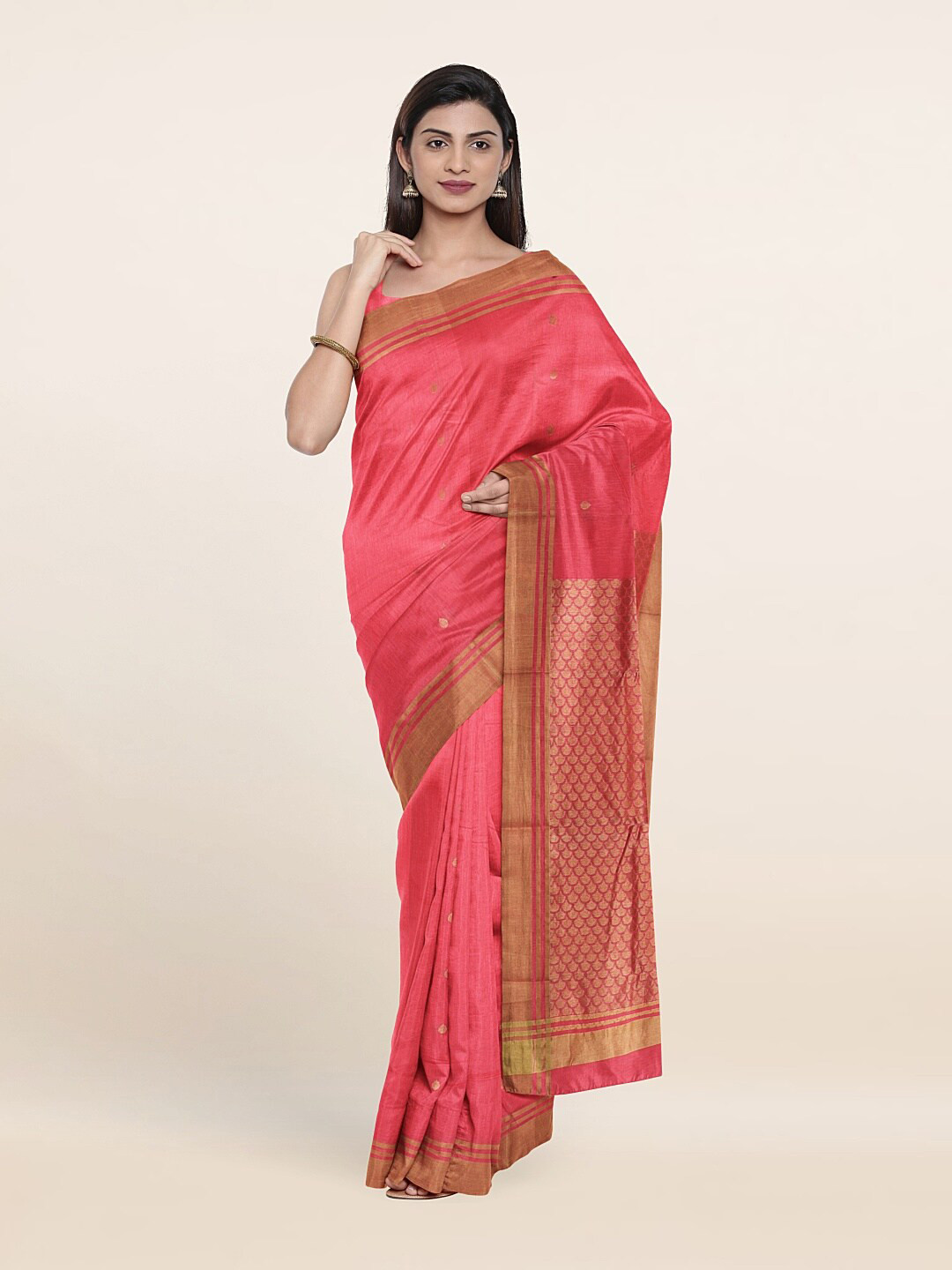 

Pothys Pink & Gold-Toned Ethnic Motifs Zari Silk Cotton Saree