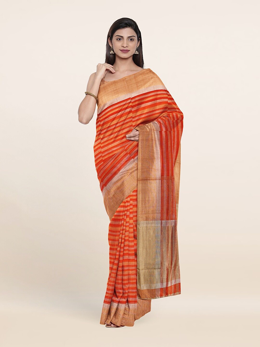 

Pothys Orange & Gold-Toned Striped Zari Silk Cotton Saree