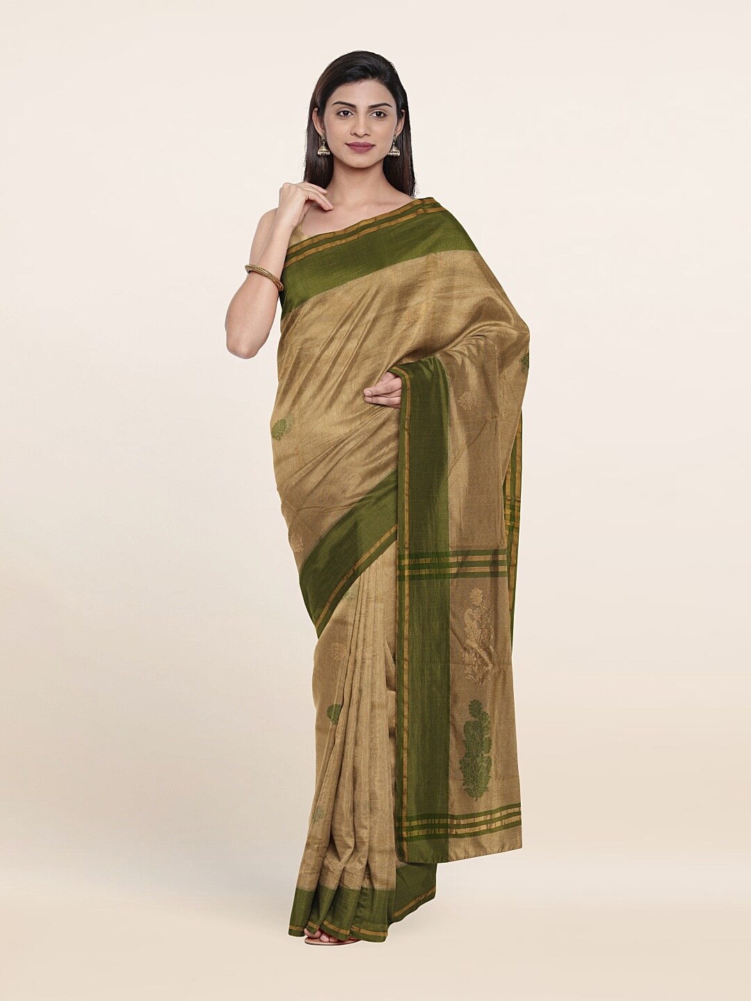 

Pothys Cream-Coloured & Green Floral Zari Silk Cotton Saree