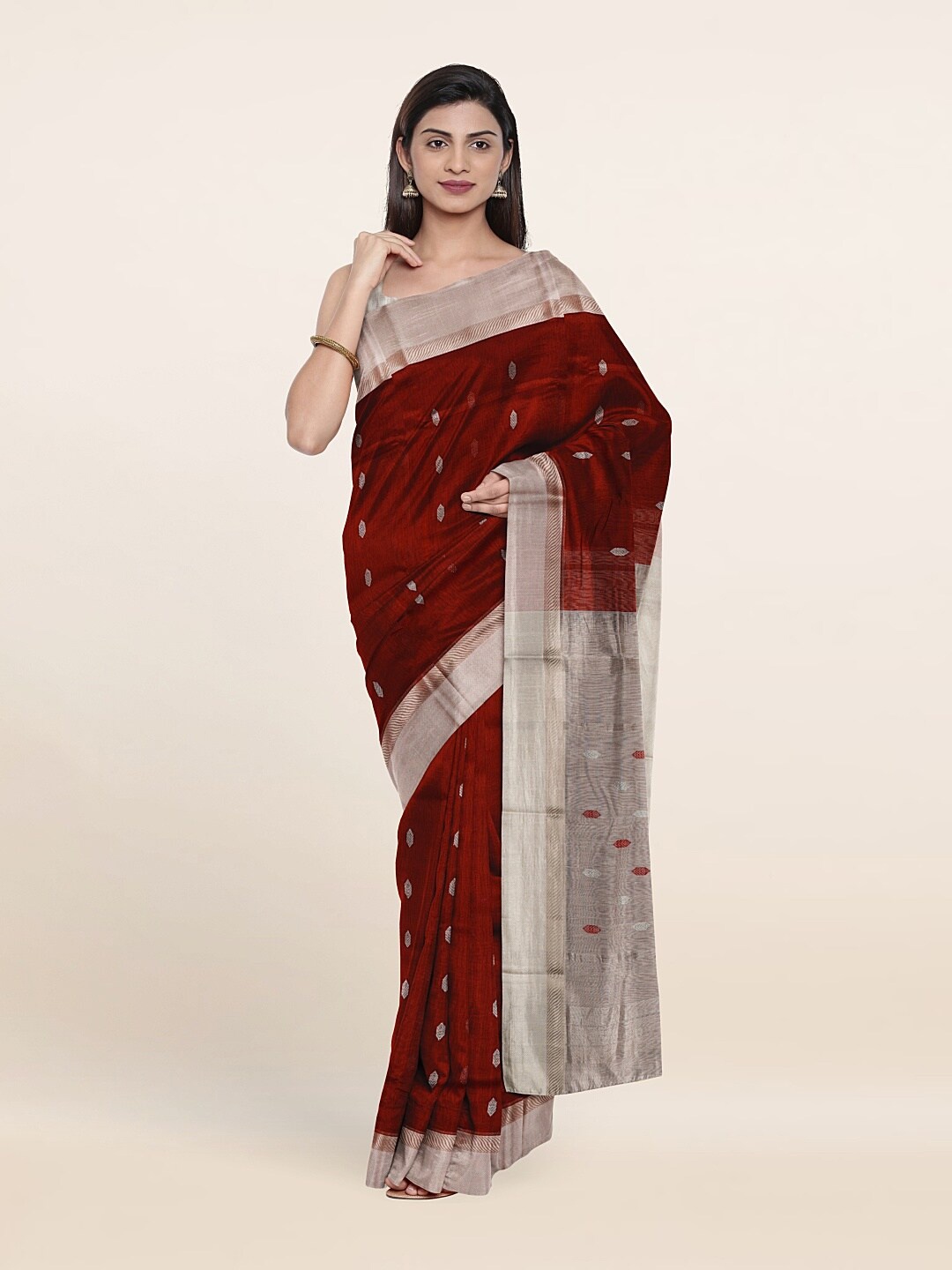 

Pothys Brown & Silver-Toned Ethnic Motifs Zari Silk Cotton Saree
