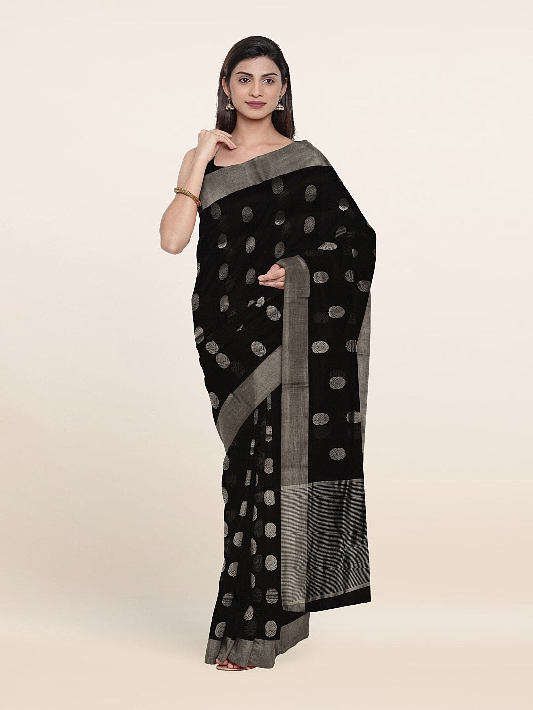 

Pothys Black & Silver-Toned Floral Zari Silk Cotton Saree