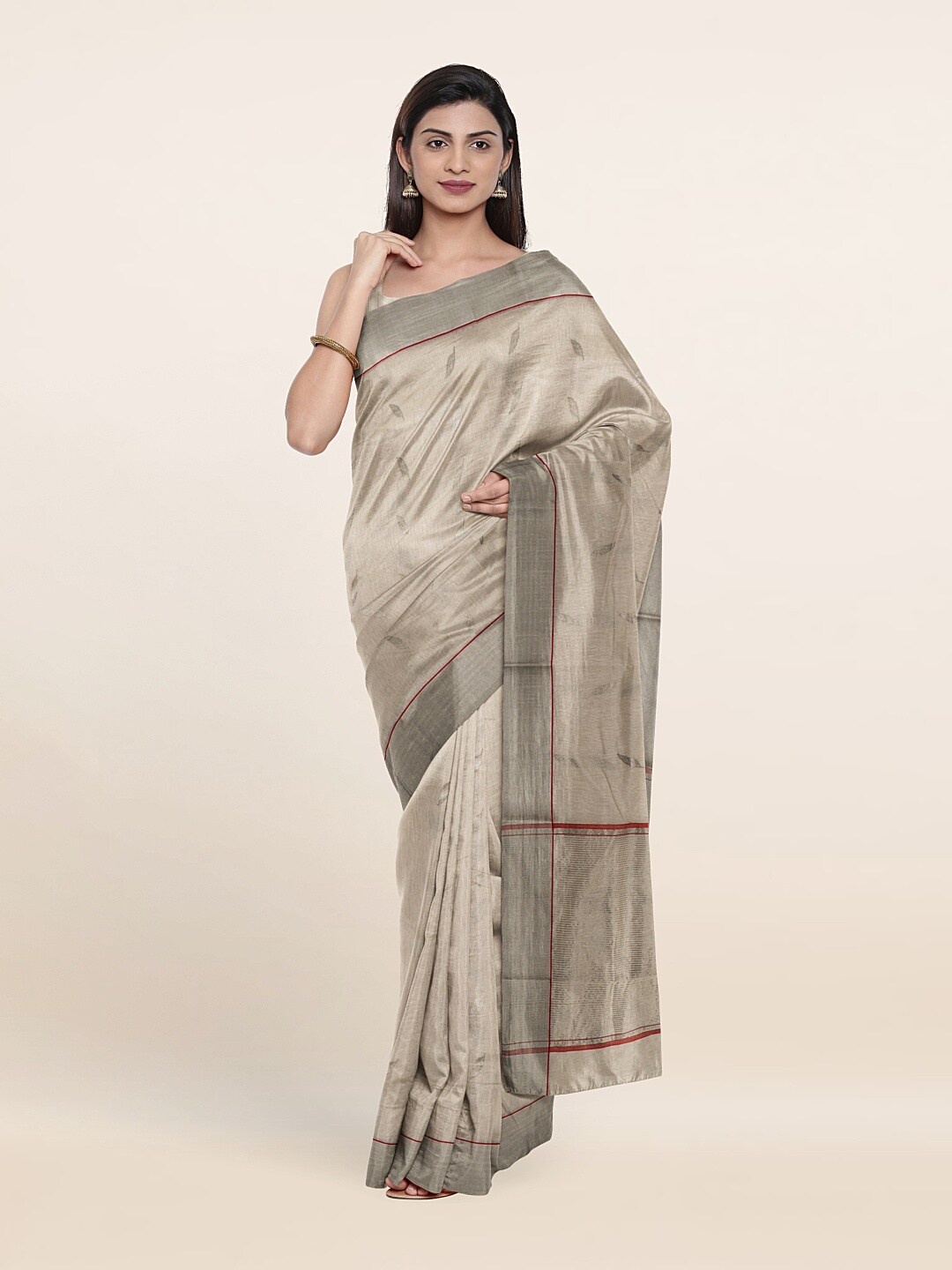 

Pothys White & Gold-Toned Striped Zari Silk Cotton Saree