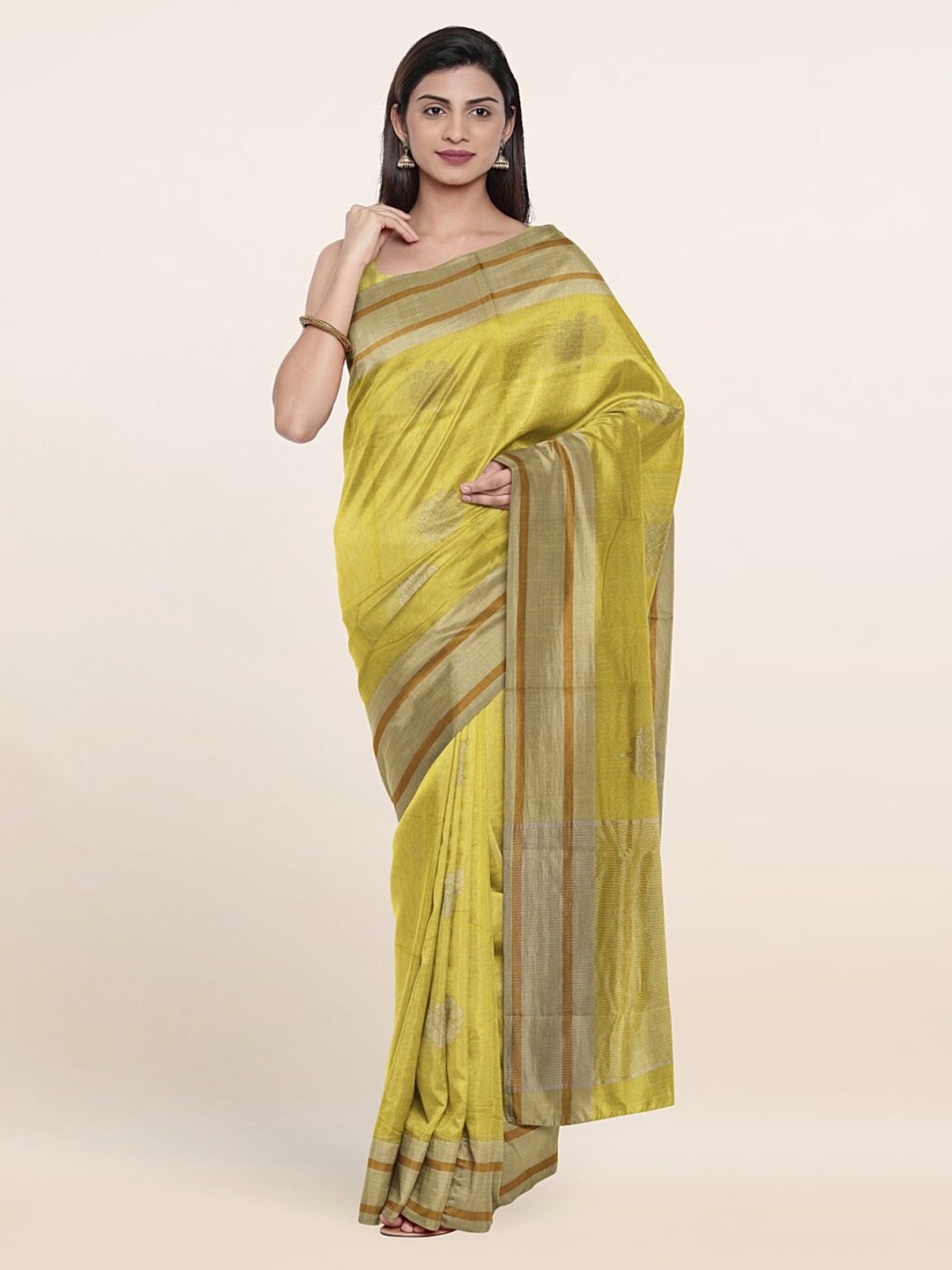 

Pothys Yellow & Gold-Toned Woven Design Zari Silk Cotton Saree