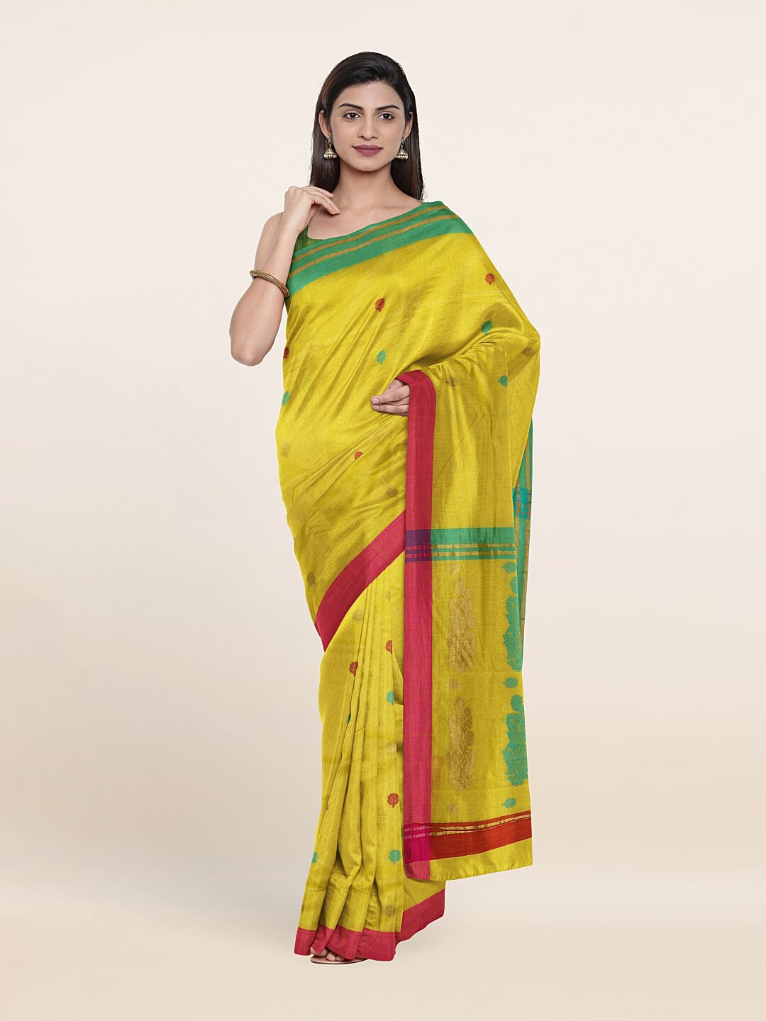 

Pothys Yellow & Red Ethnic Motifs Zari Silk Cotton Saree