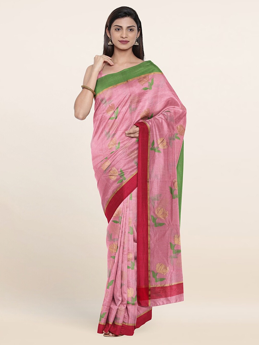 

Pothys Pink & Green Floral Zari Silk Cotton Saree