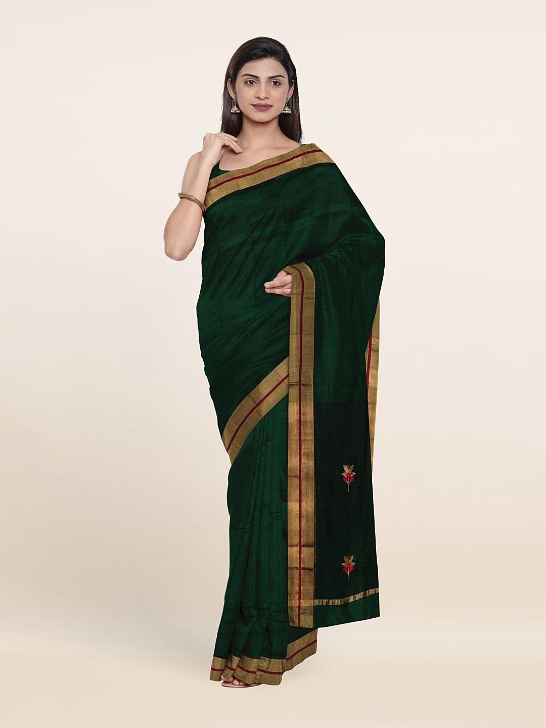 

Pothys Green & Red Floral Zari Silk Cotton Saree