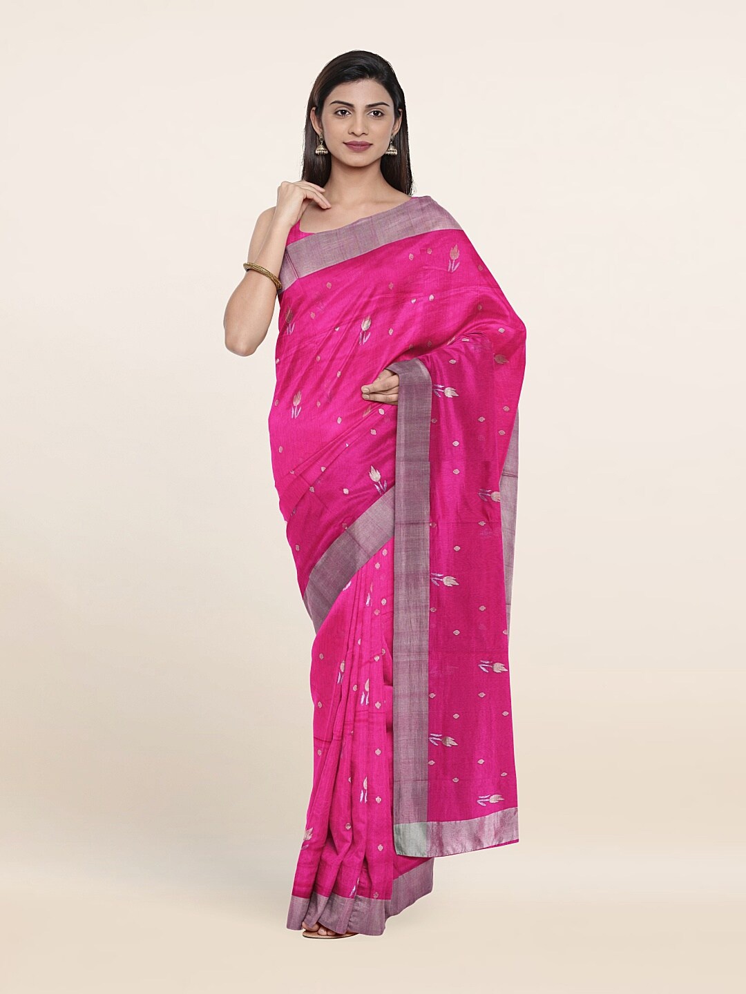 

Pothys Pink & Silver-Toned Floral Zari Silk Cotton Saree