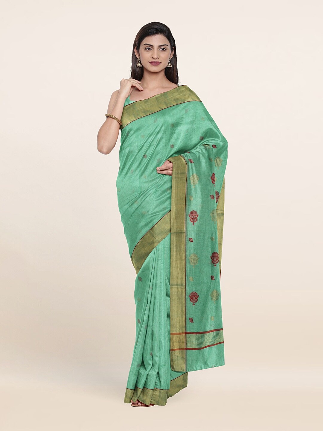 

Pothys Green & Maroon Floral Zari Silk Cotton Saree