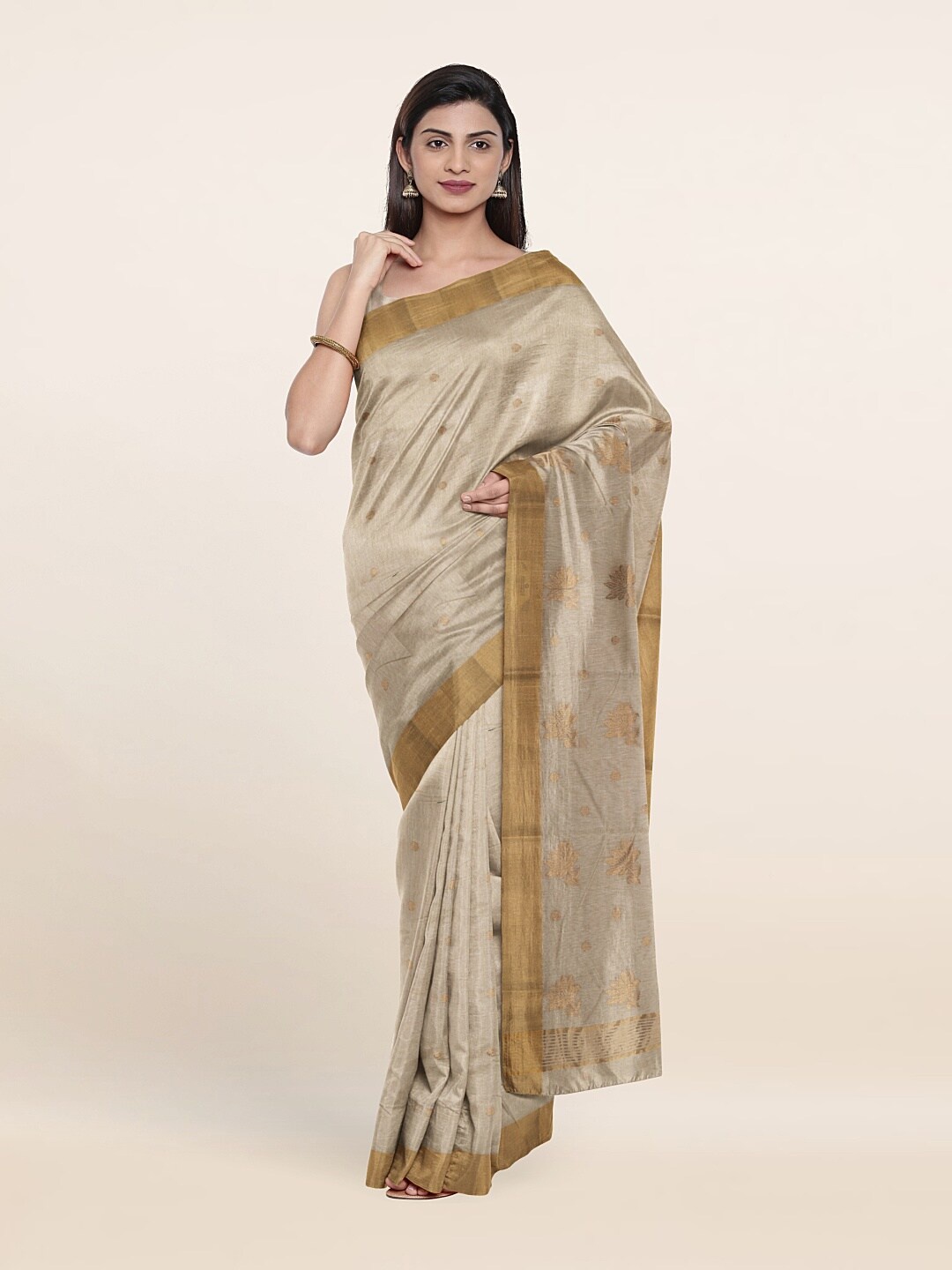 

Pothys Cream-Coloured & Gold-Toned Floral Zari Silk Cotton Saree