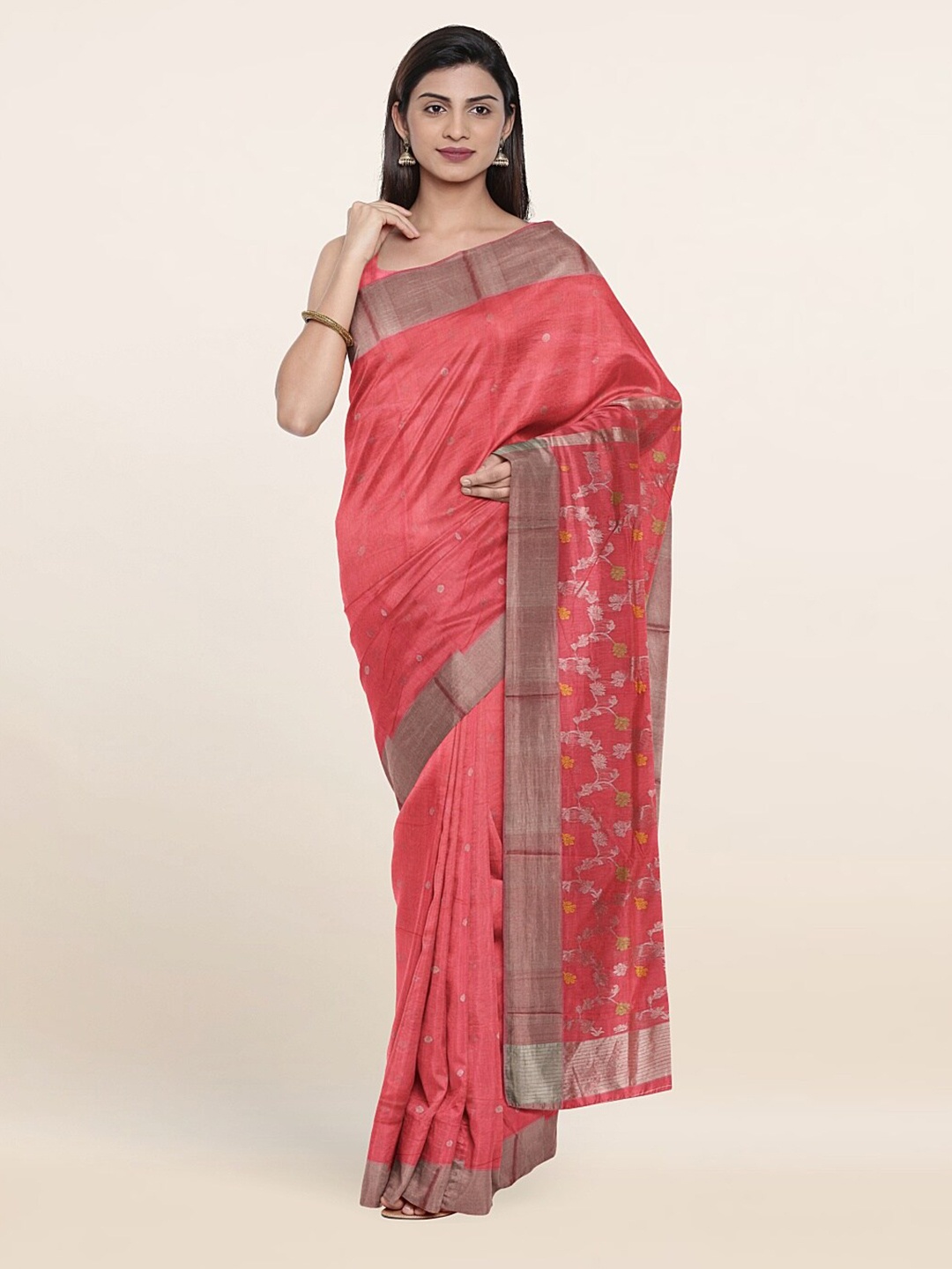 

Pothys Pink & Silver-Toned Floral Zari Silk Cotton Saree