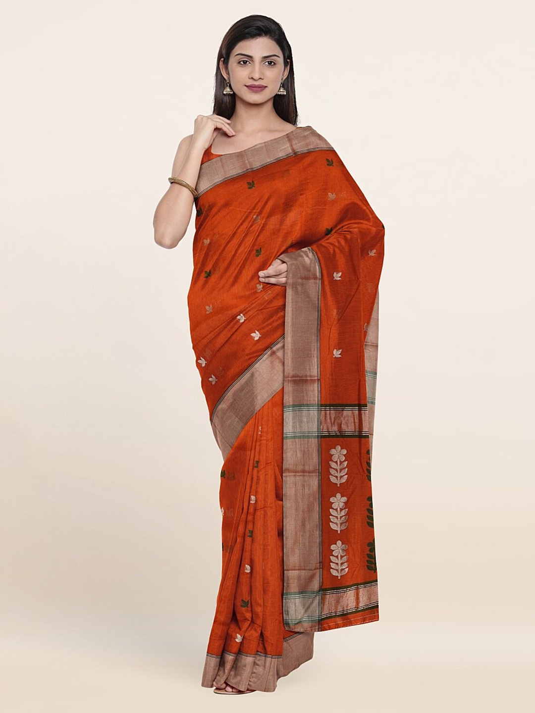 

Pothys Orange & Gold-Toned Floral Zari Silk Cotton Saree