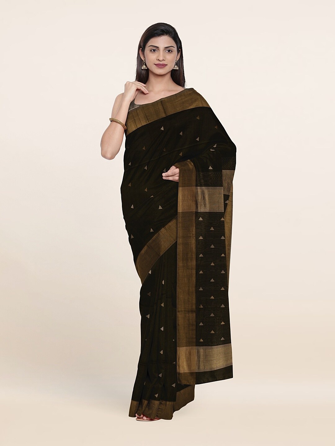 

Pothys Green & Gold-Toned Woven Design Zari Silk Cotton Saree
