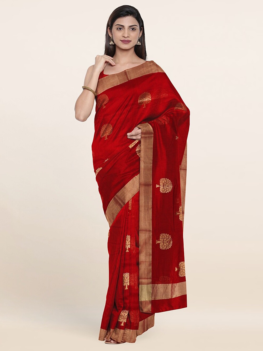 

Pothys Red & Gold-Toned Woven Design Zari Silk Cotton Saree
