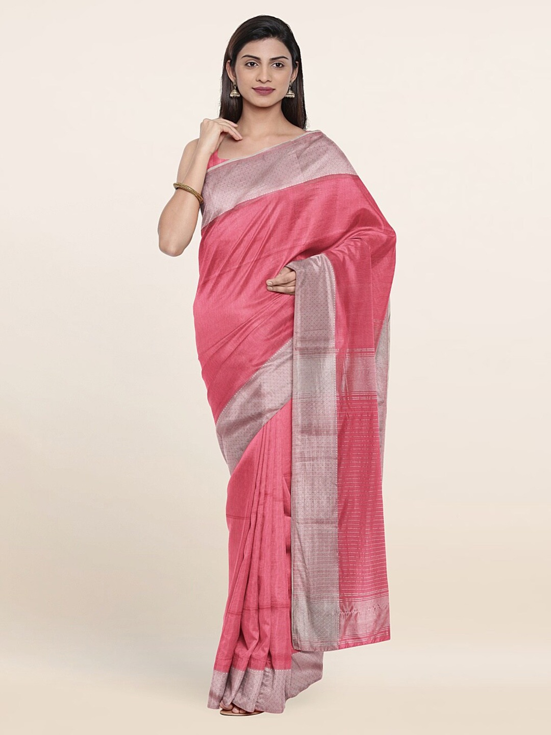 

Pothys Pink & Silver-Toned Woven Design Zari Silk Cotton Saree