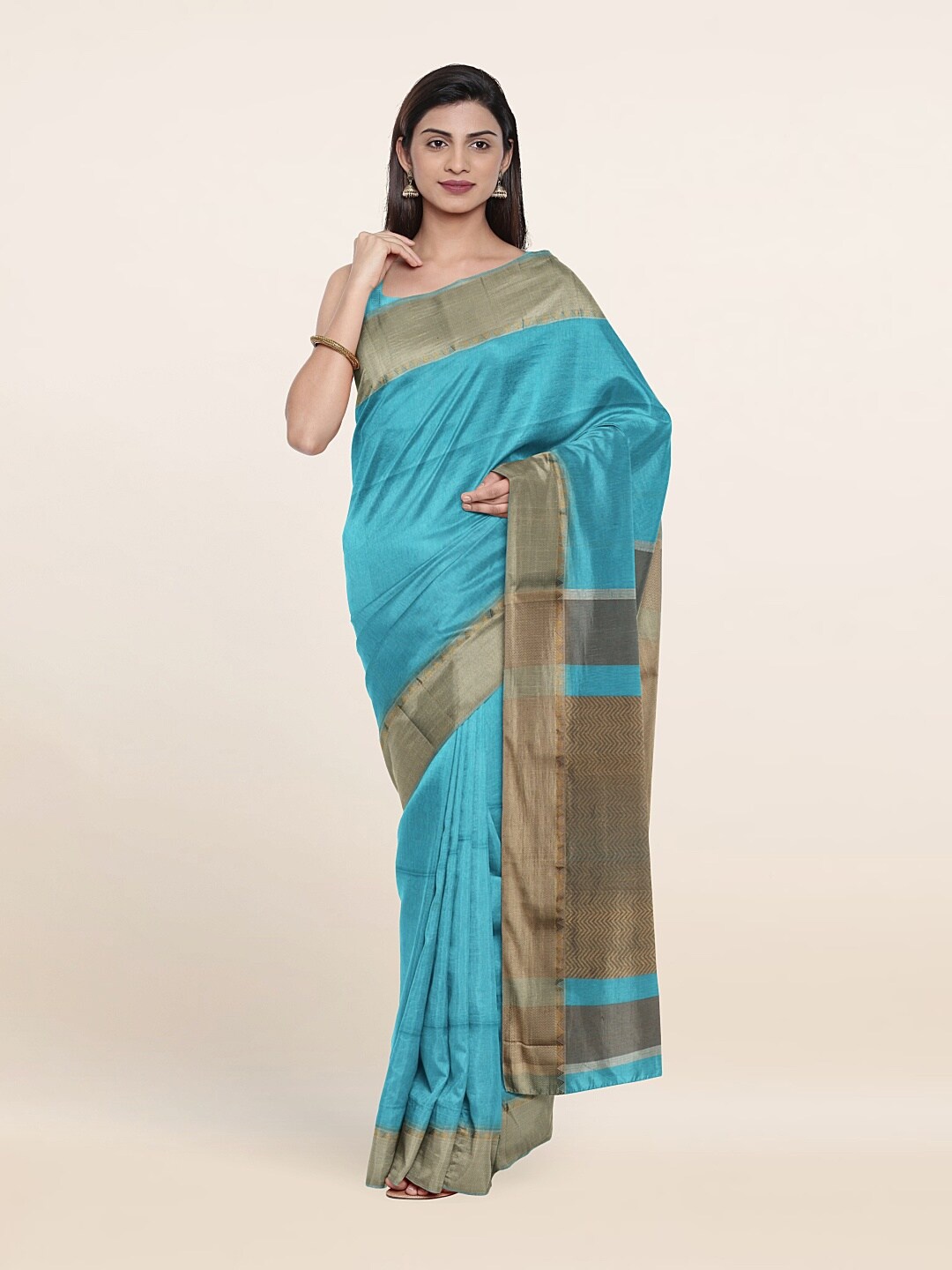 

Pothys Blue & Gold-Toned Woven Design Zari Silk Cotton Saree