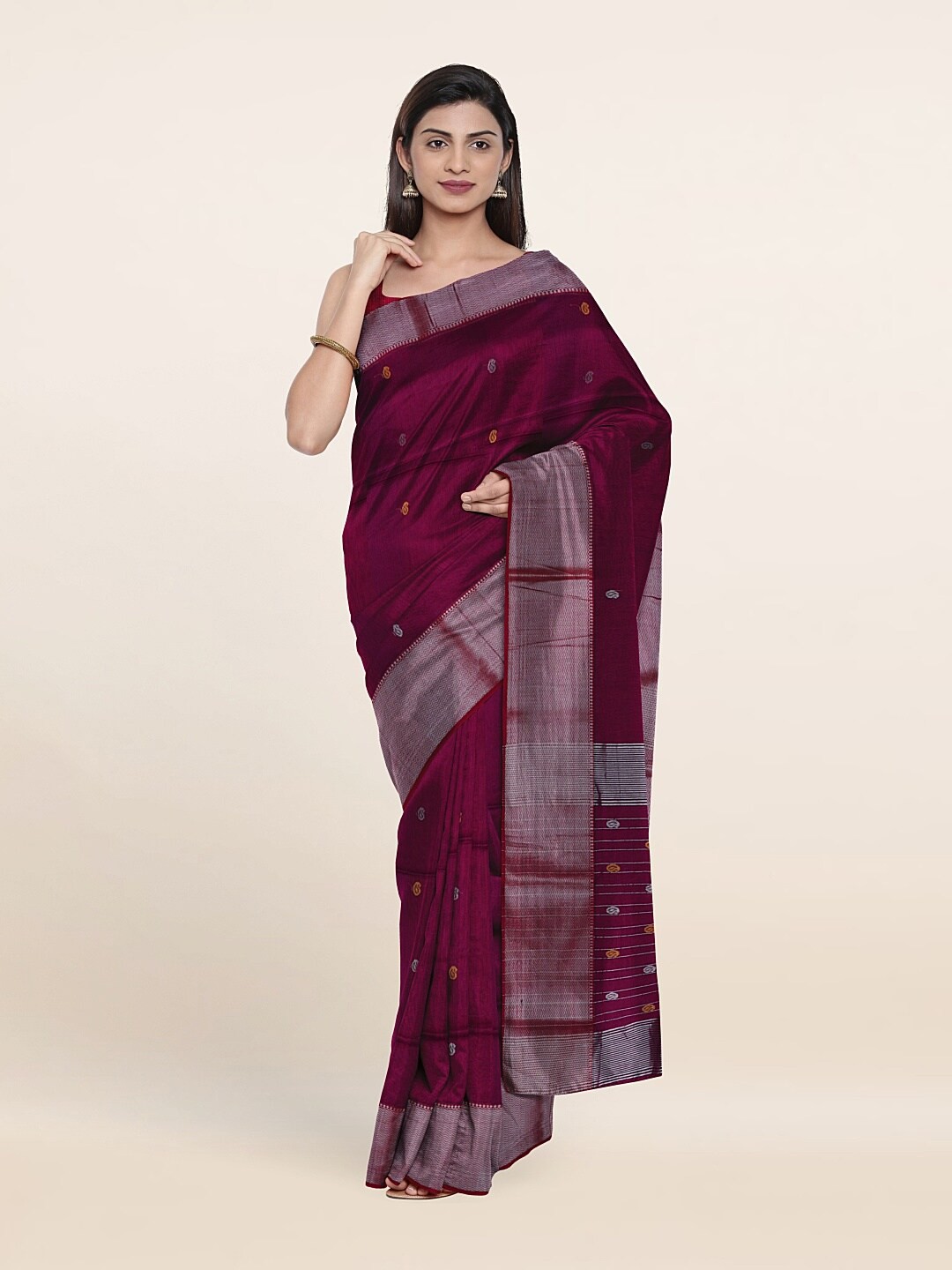 

Pothys Purple & Silver-Toned Woven Design Zari Silk Cotton Saree