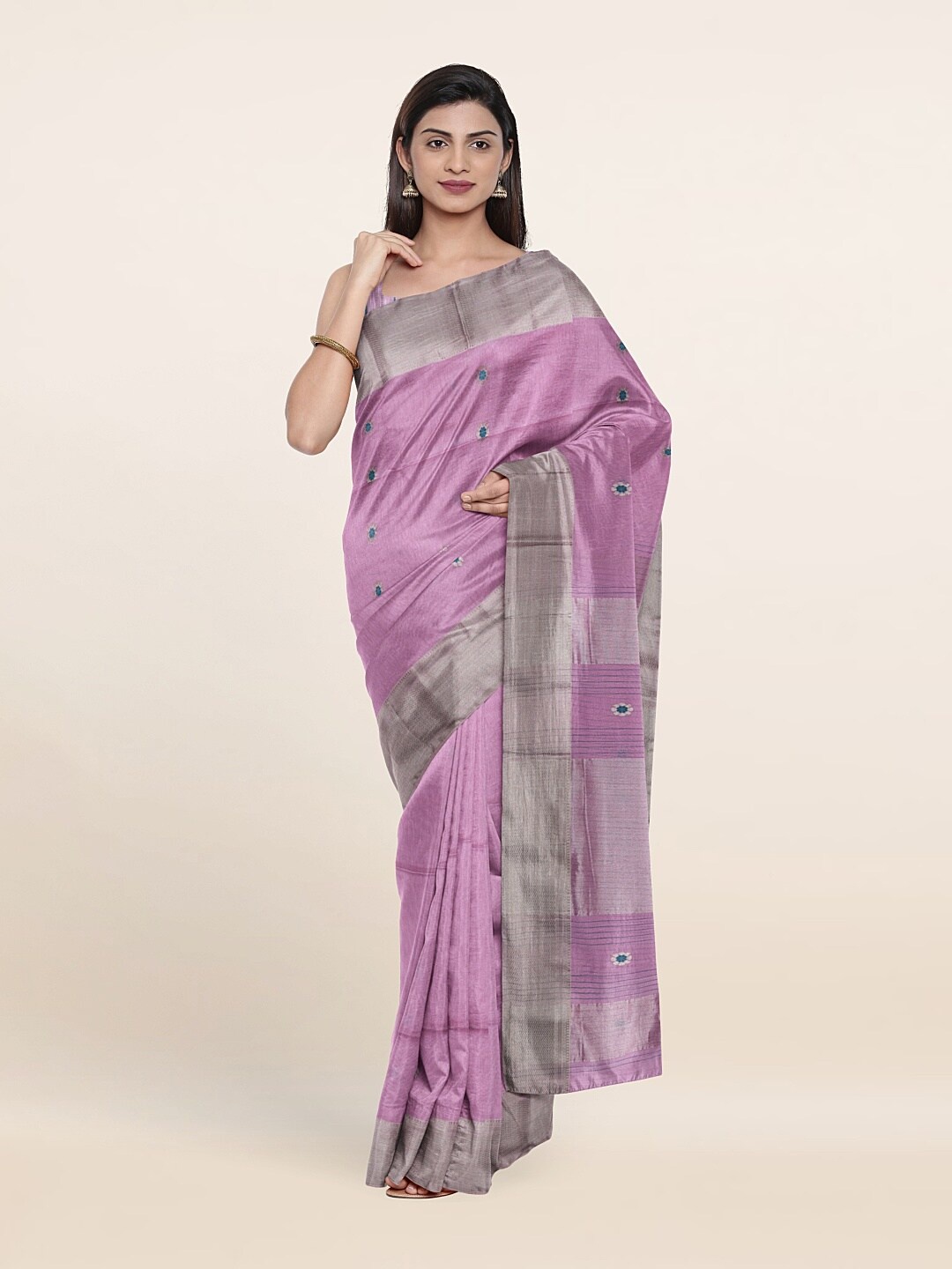 

Pothys Lavender & Silver-Toned Woven Design Zari Silk Cotton Saree