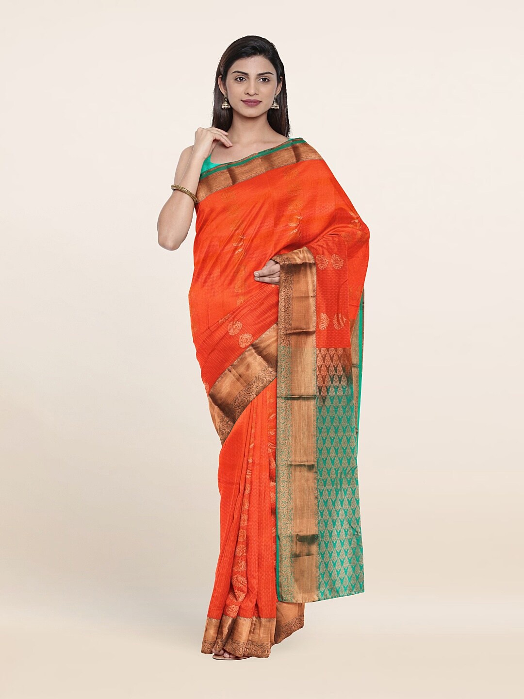 

Pothys Orange & Green Woven Design Zari Pure Silk Saree