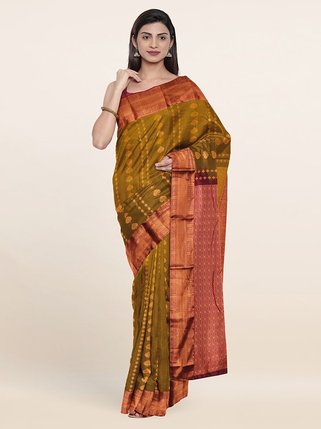 

Pothys Olive Green & Pink Woven Design Zari Pure Silk Saree