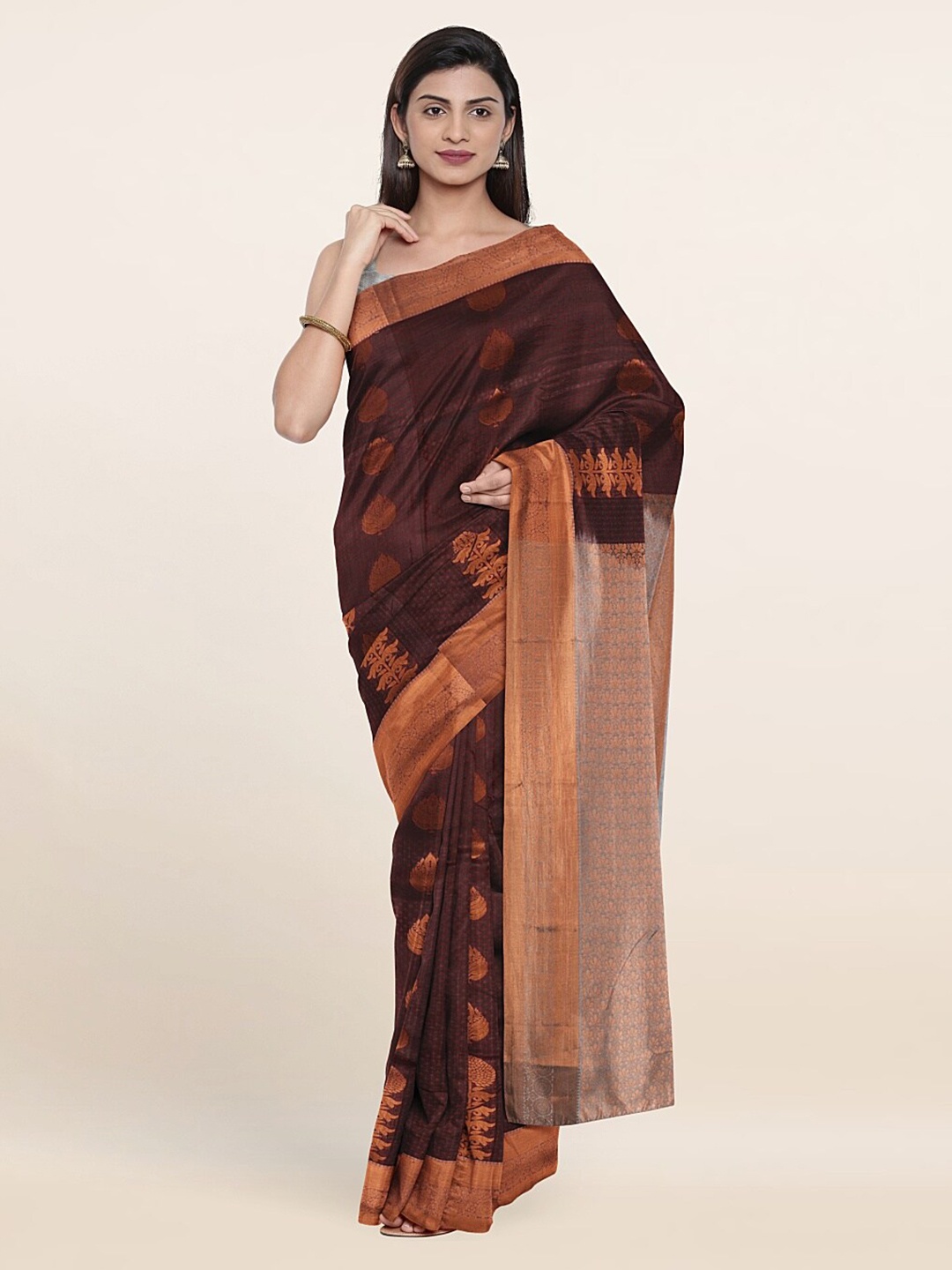 

Pothys Maroon & Gold-Toned Woven Design Zari Pure Silk Saree