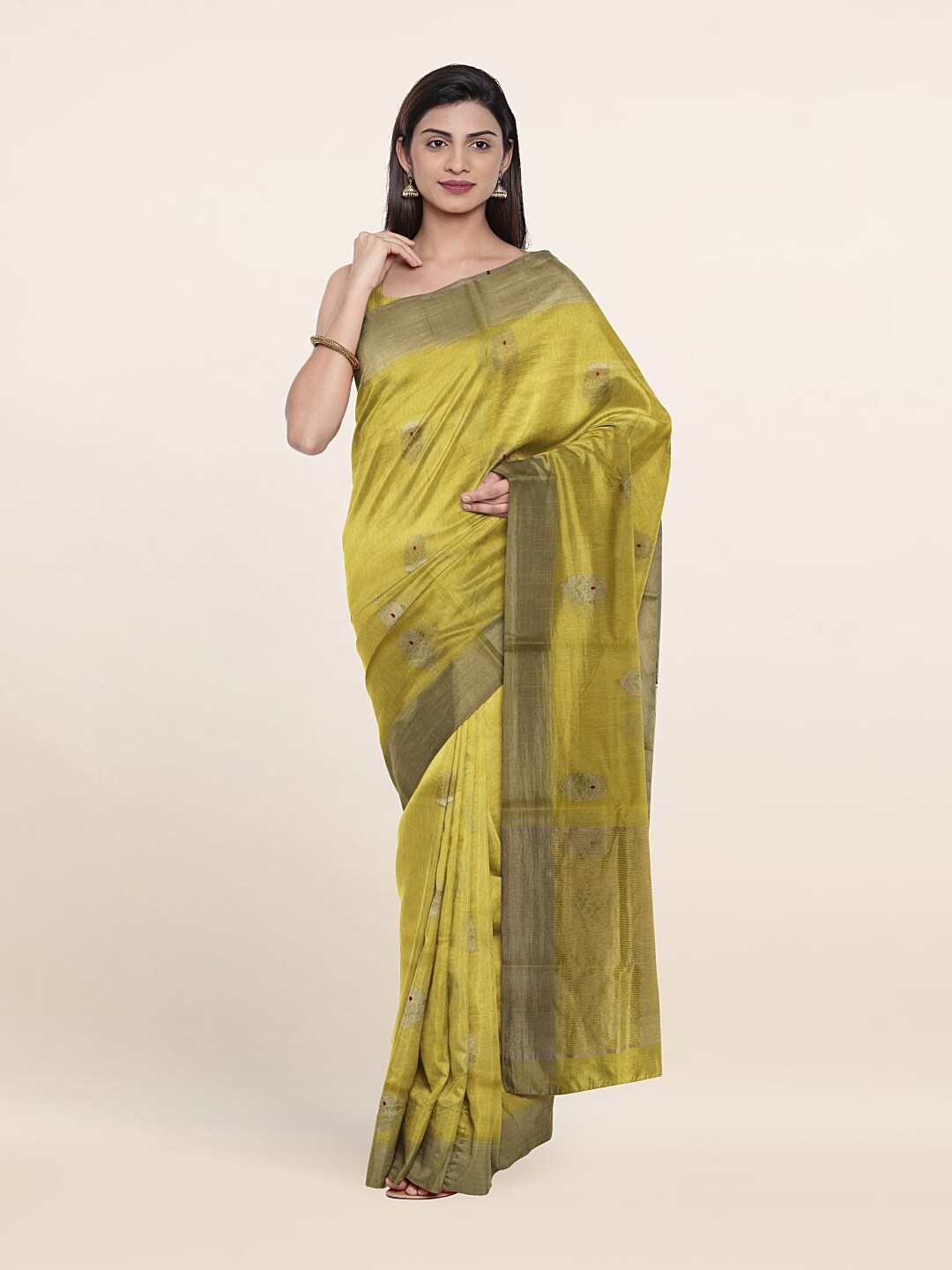

Pothys Green & Gold-Toned Woven Design Zari Silk Cotton Saree